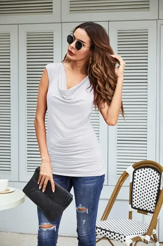 Vista 2 de Zeagoo - Camiseta sin mangas elástica de cuello holgado y fruncido, con drapeado lateral, para mujer