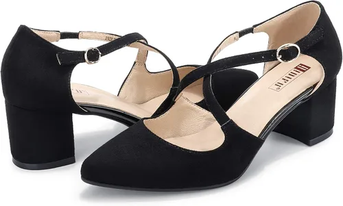Vista 6 de IDIFU Lynn - Vestido de tacón bajo para mujer, con puntera cerrada, tacón grueso, correa cruzada, boda, fiesta, oficina, zapatos, 5