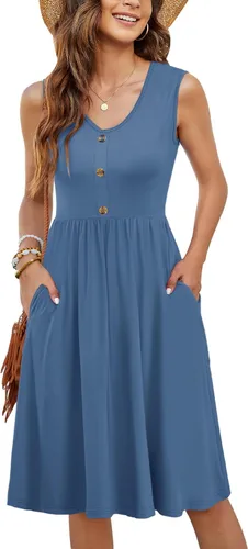 Vista 22 de MOLERANI - Vestidos de verano para mujer, sin mangas, casual, sueltos, acampanados, midi, con botones, con bolsillos Estampado Azul Marino Blanco