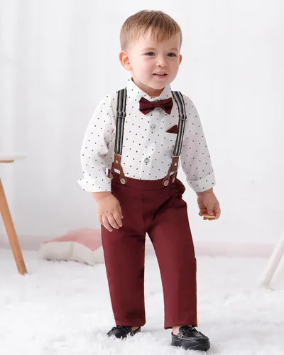 Vista 3 de DISAUR Ropa para bebé niño, camisa de vestir con corbatín y pantalones de tirantes, conjuntos de traje de caballero para boda de 1 a 6 años