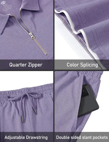 Vista 2 de MoFiz Conjunto de pantalones cortos para hombre, camisa polo con cremallera de un cuarto, pantalones cortos, trajes deportivos, conjuntos casuales
