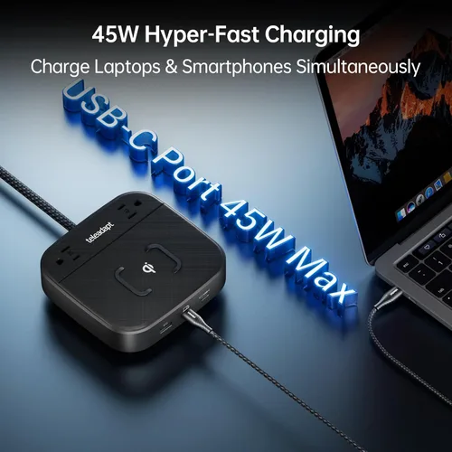 Vista 4 de Estación de carga Teleadapt 67W, estación de carga para iPhone 6 en 1 con puerto USB Wireless Charging, 2× AC Outlets, Desktop/Bedside/Nightstand
