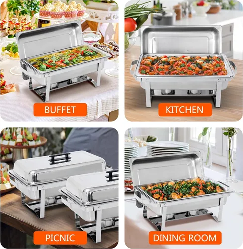 Vista 6 de SUPER DEAL Paquete de 2 calentadores de alimentos de 9 cuartos de galón, juego de bufé rectangular con patas de marco plegable, plato de acero