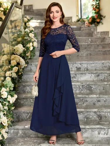 Vista 3 de Miusol Vestido largo de dama de honor con mangas 34 de contraste y encaje floral elegante para mujer
