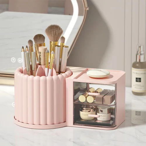 Vista 5 de Organizador de Maquillaje para Encimera, Soporte Giratorio 360° para Brochas de Maquillaje con 2 Cajones, Pequeño Organizador Preppy 9.25x5.11