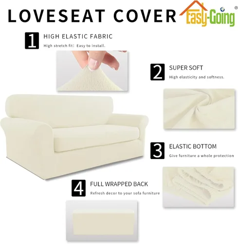 Vista 4 de Easy-Going Funda elástica para sofá de 2 piezas, protector de muebles de microfibra súper suave y resistente con parte inferior elástica para Marfil