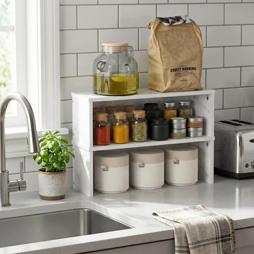 Vista 69 de Furinno Turn-N-Tube Organizador de encimera de cocina, estante organizador de encimera de esquina de 2 niveles, estante esquinero, para cocina