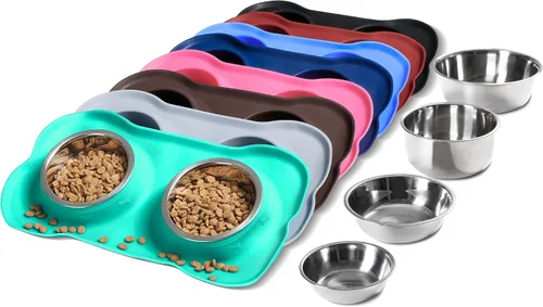 Vista 17 de Hubulk - Comedero doble de acero inoxidable con base de silicona antideslizante antiderrames y pala para alimento, para perros pequeños, medianos