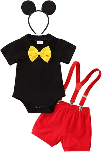 Vista 13 de IBTOM CASTLE Conjunto de caballero para primer cumpleaños para bebé, niño, traje formal con pajarita, babero, pantalones, orejas, conjunto