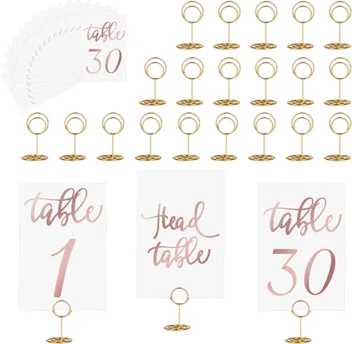 Vista 13 de JOYIT 21 juegos de tarjetas de mesa de boda del 1 al 20 y de la mesa principal con 21 soportes de números de mesas, tarjetas de números de oro negro