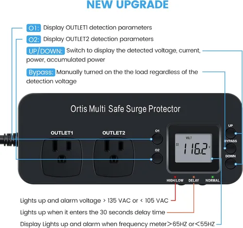 Vista 3 de Ortis Protector contra sobretensiones para electrodomésticos RV de doble salida (negro)