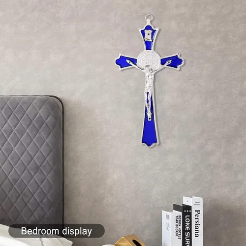 Vista 5 de VINETEN Crucifijo de pared esmaltado azul - Cruz de pared de metal de San Benito, cruz de arte para dar bendición y lo sagrado espiritual, regalo