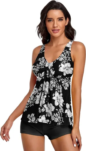 Vista 4 de Trajes de baño tankini modestos para mujer, trajes de baño de dos piezas, estampado floral, camiseta sin mangas con pantalones cortos