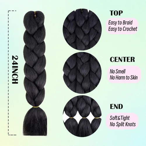 Vista 2 de Cabello trenzado de fibra sintética, tamaño jumbo, extensiones de cabello Kanekalon suave, color negro, (24 pulgadas, 3 piezas)
