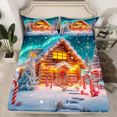 Vista 12 de Erosebridal Juego de ropa de cama de muñeco de nieve, tamaño individual, sábana bajera ajustable de esquí kawaii para árbol de Navidad, para niños
