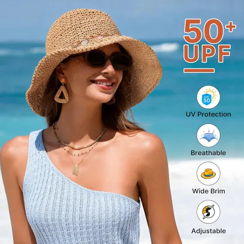 Vista 6 de Trifabricy Sombreros de paja de playa para mujer, sombrero de ala ancha con Shell - Caqui