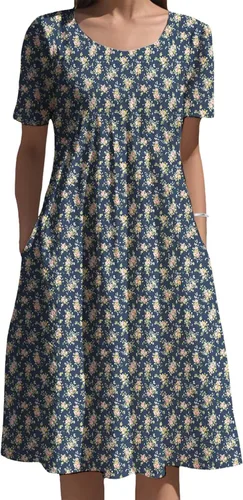 Vista 10 de Vestidos bohemios para mujer, estampado floral, manga corta, cuello redondo, talla grande, vestido de vacaciones con bolsillos para verano 2025