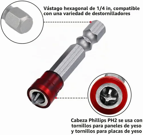 Vista 4 de Juego de 10 puntas de destornillador PH2 Phillips de 1.969 in, broca magnética de 1/4 pulgadas, vástago hexagonal para paneles de yeso