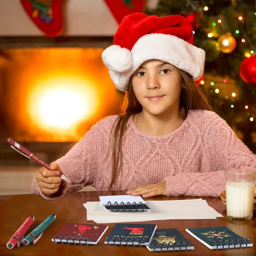 Vista 6 de Qeeenar 48 piezas de recuerdos de fiesta de Navidad, 24 mini bloc de notas en espiral de Navidad y 24 bolígrafos retráctiles de Papá Noel