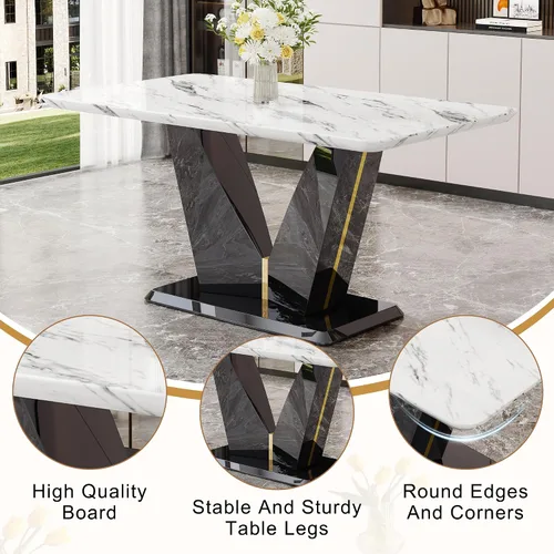 Vista 4 de Juego de mesa de comedor de 5 piezas, juego de mesa de comedor moderno de mármol de 63 pulgadas para 4, juego de mesa de cocina blanca para 4, juego