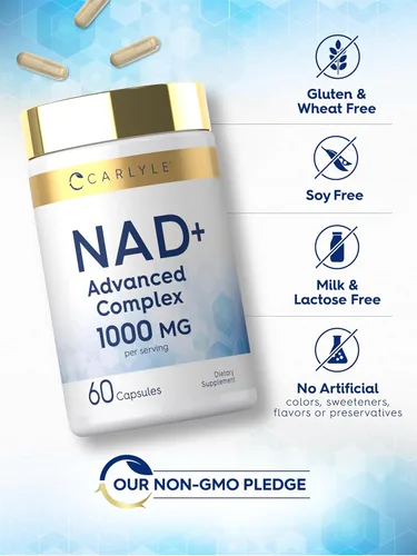 Vista 5 de Carlyle Suplemento NAD+ para mujeres y hombres 1000 mg 60 cápsulas Complejo avanzado con resveratrol y colágeno Sin OMG y sin gluten