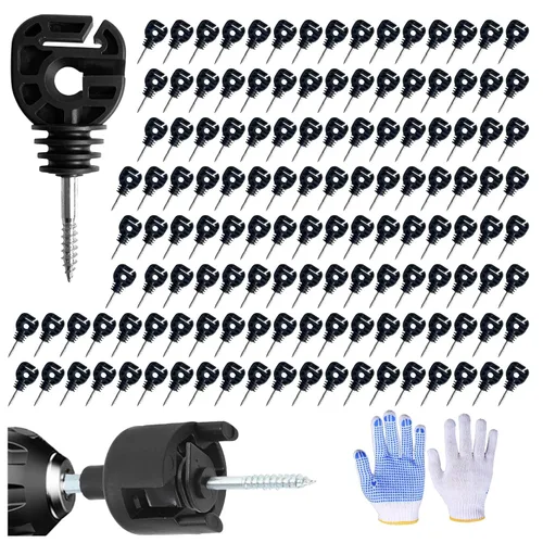 Vista 8 de 100 piezas de aislador eléctrico negro para valla con aislante de rosca, anillo de valla, poste de madera y 1 pieza de herramienta de zócalo