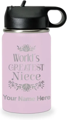 Vista 53 de LaserGram Botella de agua con tapa abatible de doble pared de 12 onzas con pajilla, sobrina más grande del mundo, grabado personalizado incluido