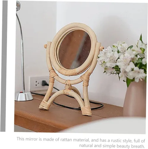 Vista 9 de GANAZONO Rattan Makeup Mirror 3-Legged Round Decorative Mirror Adjustable Rotation for Girls Bedroom for Makeup and Decor