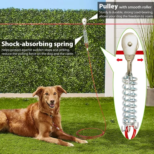 Vista 3 de Sistema de carretilla aérea resistente para perros pequeños a grandes, cable de funcionamiento de 100 pies/75 pies con cable de pasillo de 10 pies