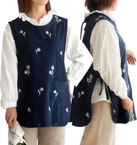 Vista 6 de Delantal de algodón con bolsillo para padres e hijos, flor bordada, lazo lateral, suave y ligero, jardín de arte de cocina