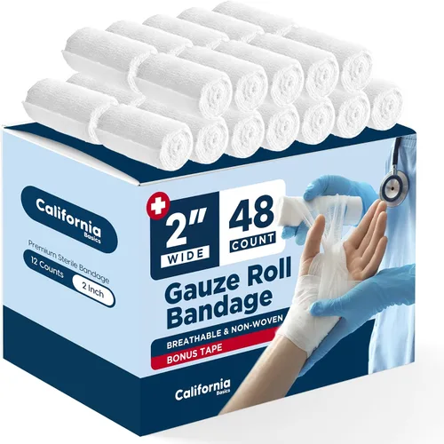 Vista 11 de California Basics Paquete de 12 rollos de vendaje de gasa con cinta, 2 pulgadas x 4 yardas, envoltura suave, elástica y transpirable para el cuidado