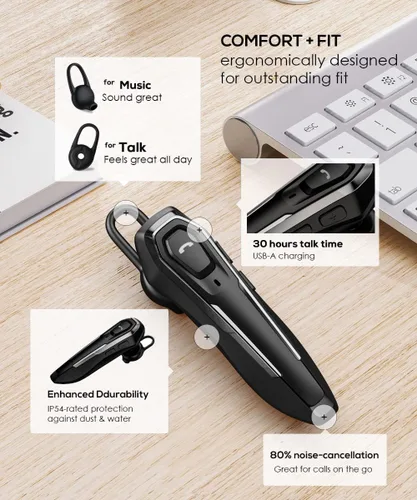 Vista 6 de Auriculares Bluetooth individuales para un oído, tiempo de conversación de 30 horas, micrófono con cancelación de ruido dual, llamadas manos libres