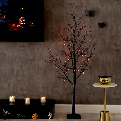 Vista 8 de Nearly Natural Árbol de otoño artificial de ramita negra preiluminado de 6 pies con 300 luces LED naranjas y moradas