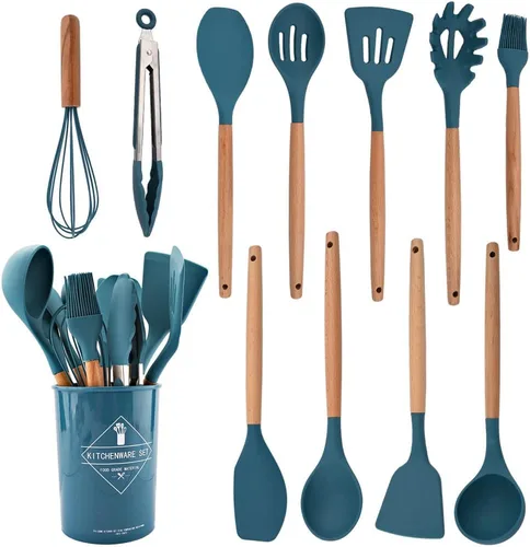 Vista 15 de Juego de utensilios de cocina de silicona negra con soporte de cubo de almacenamiento, mango de madera antiadherente, utensilios de cocina