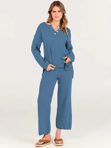Vista 2 de ANRABESS Conjunto de 2 piezas para mujer, conjunto de suéter holgado holgado de punto de gran tamaño, conjunto de ropa de descanso a juego de moda