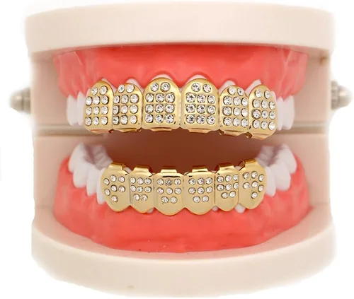 Vista 2 de LuReen 14k Gold 6 Teeth Grillz Hip Hop Joker Diamond Top Bottom Teeth Caps Grillz Set