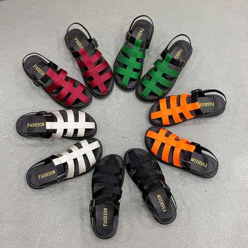 Vista 6 de Sandalias de gladiador Baotou huecas de verano para mujer, sandalias romanas de dos tonos ajustables con hebilla decorativa trenzada plana y cerrada