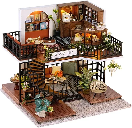 Vista 9 de CUTEBEE Casa de muñecas en miniatura con muebles, kit de casa de muñecas de madera para bricolaje, a prueba de polvo, idea creativa para habitación