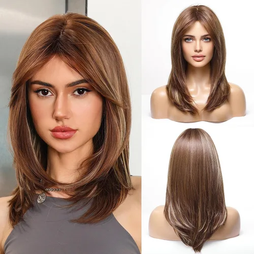 Vista 12 de HAIRCUBE Pelucas largas de color marrón oscuro con reflejos para mujer, peluca de pelo sintético rizado ondulado para uso diario