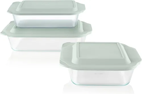 Vista 7 de [Usado] Pyrex Plato para hornear de vidrio profundo con tapa de plástico, cazuela profunda, recipiente de alimentos de vidrio, apto para horno