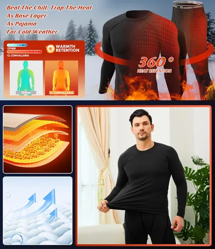 Vista 7 de CL convallaria Ropa interior térmica para hombre, ropa interior larga con forro polar, capa base para clima frío, XS-4XL