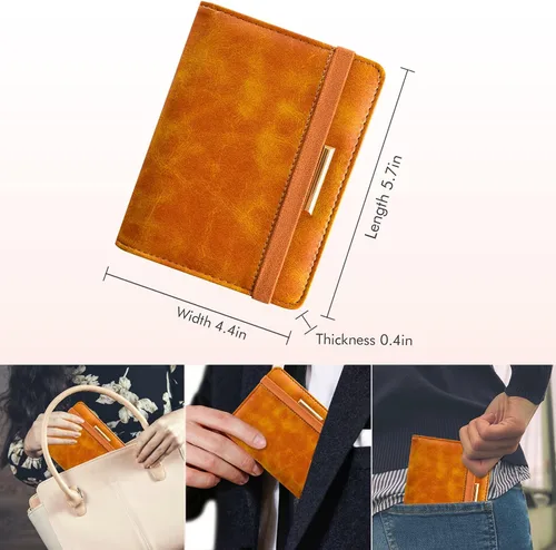 Vista 4 de Caweet Funda de pasaporte RFID bloqueo de viaje cartera de cuero pasaporte con banda elástica, Marrón, Classic