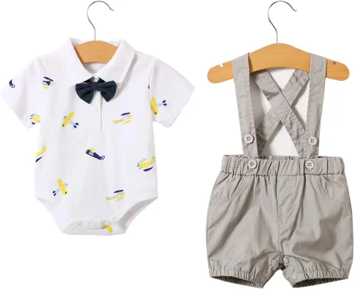 Vista 2 de YFYBaby Conjunto de ropa de caballero para bebés recién nacidos y niños, camisa de manga corta + pantalones con peto + overol con lazo