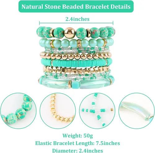 Vista 2 de Pulseras bohemias de cuentas de turquesa para mujer, 10 unidades, apilables, de piedra natural, elásticas, de varias capas, juego de pulseras