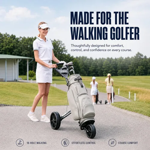 Vista 5 de JANUS Pace - Carrito de golf con soporte giratorio de 360°, carrito de golf plegable de 3 ruedas con plegado de un solo clic, ruedas anchas de EVA