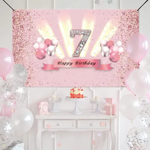 Vista 5 de Decoraciones de feliz cumpleaños 7 para niñas, pancarta de fondo, decoración de fiesta, póster de tela de aniversario, fondo de foto rosa