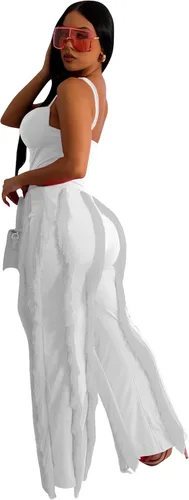 Vista 2 de Salimdy Conjunto de dos piezas para mujer, con tirantes delgados, blusa con flecos, pantalones largos con borlas y flecos, para fiesta, club