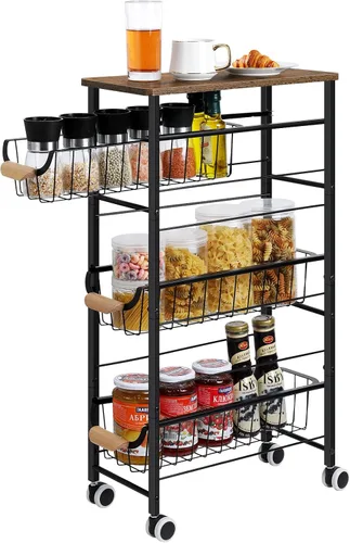 Vista 8 de Shinoske Carrito de almacenamiento delgado y rodante, carrito de cocina con ruedas de 4 niveles, carrito utilitario estrecho con cesta extraíble