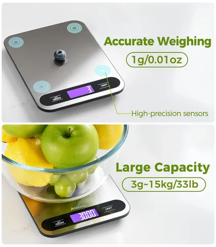 Vista 3 de Atogou Báscula de alimentos, báscula digital de cocina de 33 libras con pantalla LCD de vista completa, superficie de acero inoxidable duradera