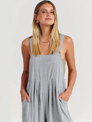 Vista 9 de ANRABESS Overol casual para mujer, holgado, sin mangas, tirantes ajustables, pechera, pierna ancha, con bolsillos